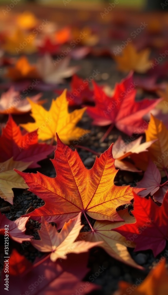 Crisp autumn leaves, vibrant reds & golds, fallen on ground, forest, background, texture Crisp autumn leaves, vibrant reds & golds, fallen on ground, forest, background, texture