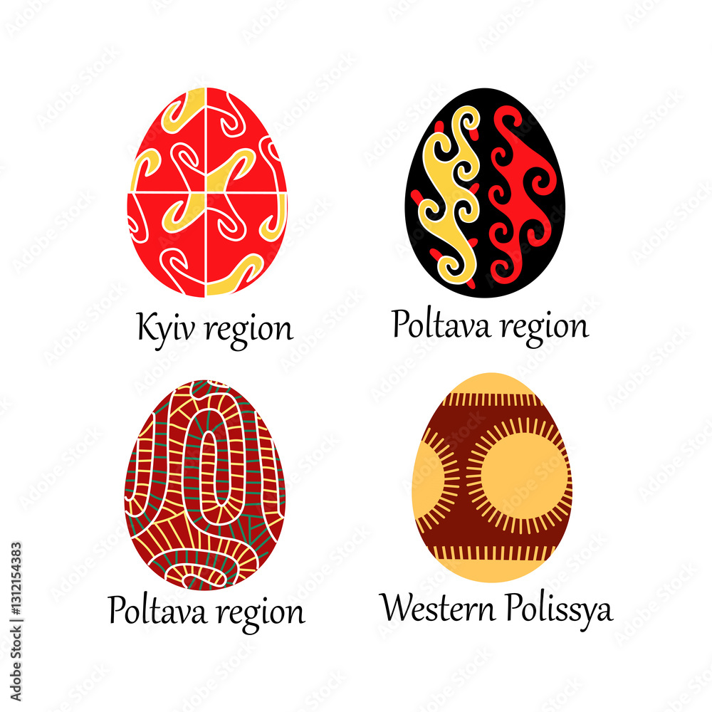 Fototapeta premium A collection of four traditional Ukrainian Pysanka Easter eggs with intricate folk patterns from different regions. Vibrant red, yellow, and brown designs inspired by Poltava, Kyiv, and Polissya cultu