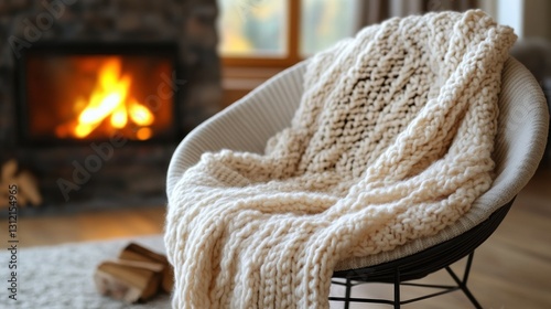 Cozy knitted blanket in armchair by fireplace