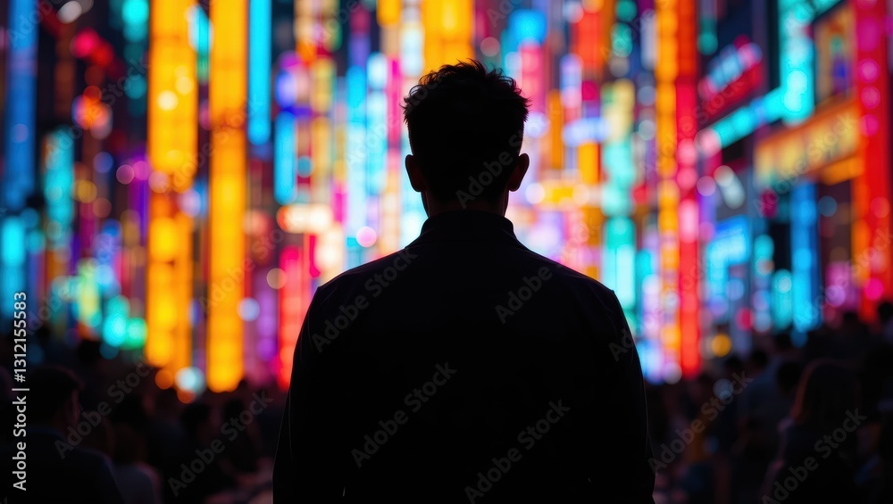 Silhouette of a Man Against a Vibrant Neon Cityscape with Colorful Lights at Night Silhouette of a Man Against a Vibrant Neon Cityscape with Colorful Lights at Night