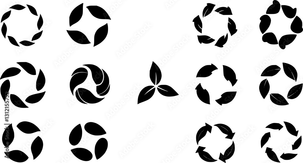 Fototapeta premium Green leaf and arrow icons for biodegradable recyclable organic bio labels package, recyclable and bio degradable package stamps, set recycle leaves label logo, leaf recycle, using recycled resources