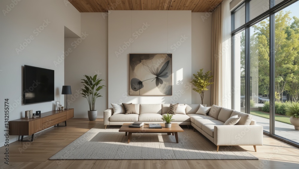 Modern Living Room Interior Design with Large Windows and Natural Light in Contemporary Style Modern Living Room Interior Design with Large Windows and Natural Light in Contemporary Style
