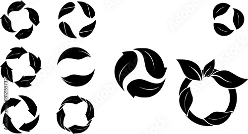 Green leaf and arrow icons for biodegradable recyclable organic bio labels package, recyclable and bio degradable package stamps, set recycle leaves label logo, leaf recycle, using recycled resources