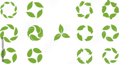 Green leaf and arrow icons for biodegradable recyclable organic bio labels package, recyclable and bio degradable package stamps, set recycle leaves label logo, leaf recycle, using recycled resources