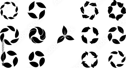 Green leaf and arrow icons for biodegradable recyclable organic bio labels package, recyclable and bio degradable package stamps, set recycle leaves label logo, leaf recycle, using recycled resources