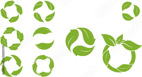 Green leaf and arrow icons for biodegradable recyclable organic bio labels package, recyclable and bio degradable package stamps, set recycle leaves label logo, leaf recycle, using recycled resources