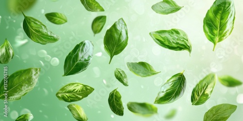 Floating fresh basil leaves on a soft mint background