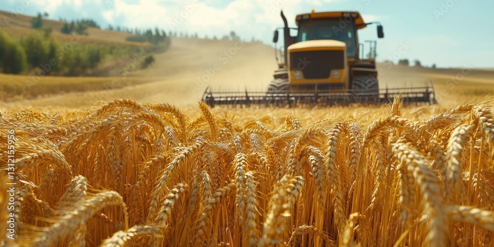 Fototapeta premium A powerful combine harvester working in a golden wheat field under a clear blue sky, showcasing agricultural productivity.