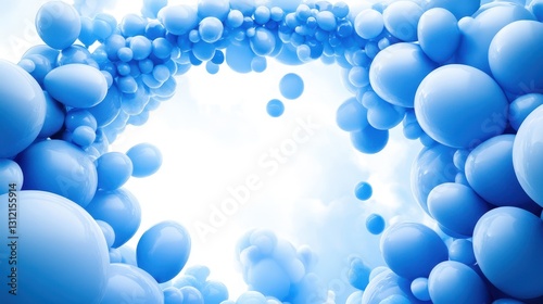 A vibrant arch of blue balloons creates a festive 3D background for a birthday party celebration, specifically designed for a young boy. photo