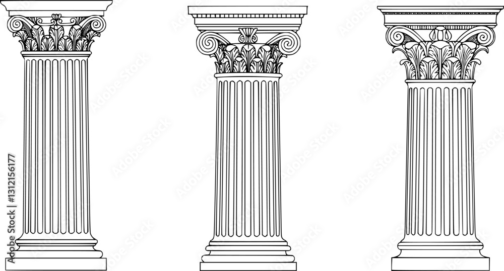 Line Greek pillars and Roman columns, ancient architecture and antique buildings, vector icons. Greece or Rome architecture column pillars of marble stone in line art with pilasters and ornate cornice