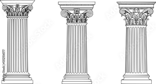 Line Greek pillars and Roman columns, ancient architecture and antique buildings, vector icons. Greece or Rome architecture column pillars of marble stone in line art with pilasters and ornate cornice