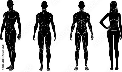 Man and woman human body silhouette, outline figure, patient front view contour. Isolated vector monochrome male and female person shapes, standing full height. Bare and naked slim healthy people