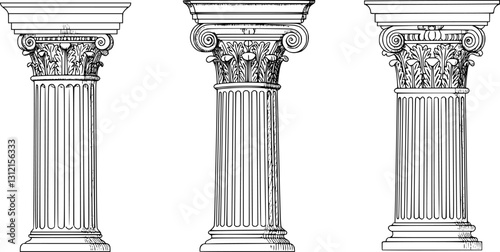 Line Greek pillars and Roman columns, ancient architecture and antique buildings, vector icons. Greece or Rome architecture column pillars of marble stone in line art with pilasters and ornate cornice