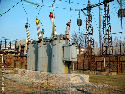 Dead tank oil circuit breaker, line input 110 kV - old electrical equipment of substations of the USSR, Ukraine (AI upscaled photo). photo