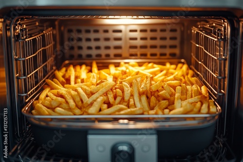 French Fries Baking on a Tray Inside a Kitchen Oven, Close-Up View From the Front