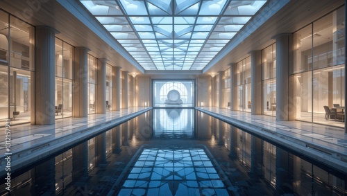 Luxurious Indoor Spa with Reflecting Pool and Modern Architectural Design Illuminated by Soft Lighting