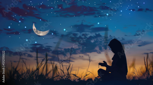 Silhouette of person praying under moonlit sky on Ramadan,Hari Raya Aidilfitri,Eid-Ul-Fitr