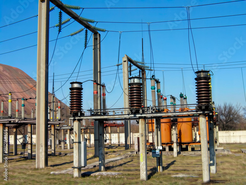 110 kV current transformers, busbar - old electrical equipment of substations of the USSR, Ukraine (AI upscaled photo).