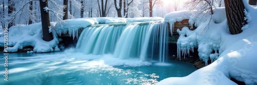 Frosted ice waterfall cascading down frozen tree trunks, calm, snowflakes, icy