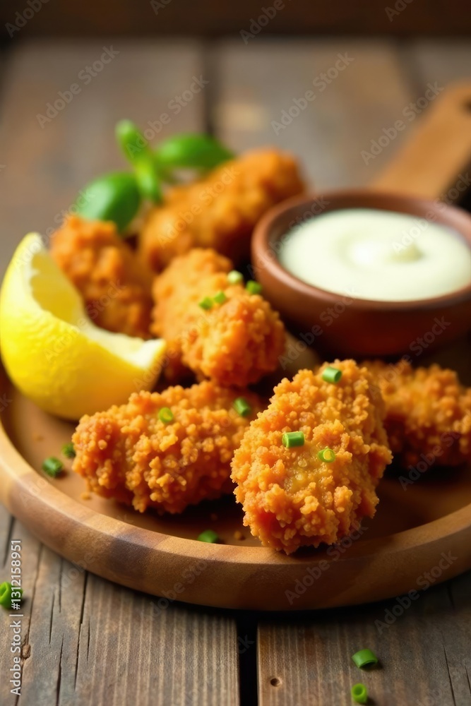 Fried chicken nuggets on a wooden platter with a side of creamy garlic sauce and lemon wedges, wedges, wooden, fried Fried chicken nuggets on a wooden platter with a side of creamy garlic sauce and lemon wedges, wedges, wooden, fried