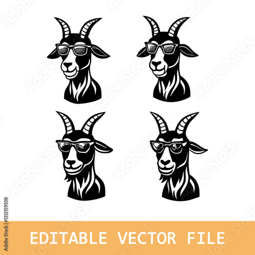 Goat wearing sunglass silhouette, vector set