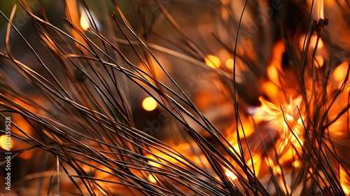 Close-up of dry twigs and grass igniting in a wildfire, intense flames consuming vegetation, glowing embers and sparks flying, extreme heat and drought fueling rapid fire spread in nature