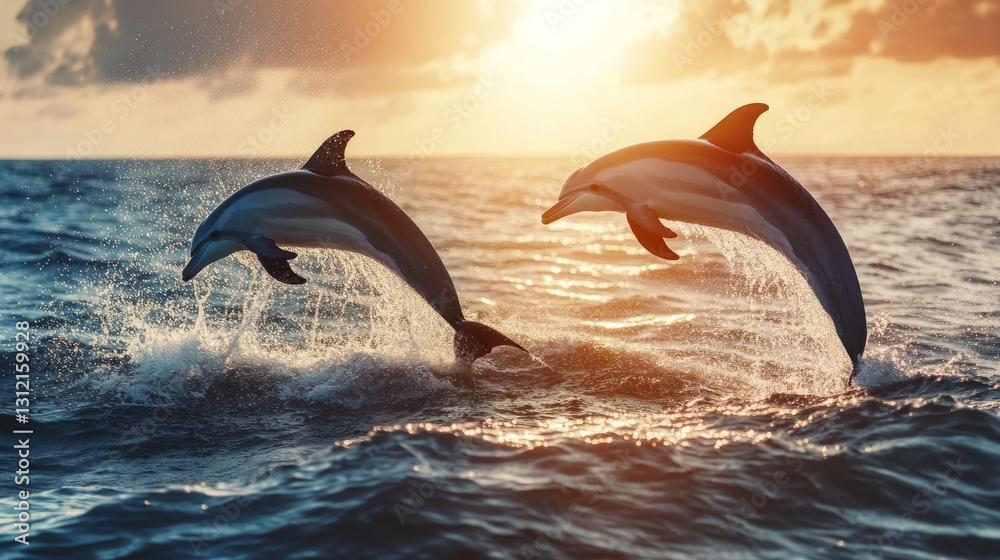 Fototapeta premium Two dolphins jumping out of the ocean at sunset, generative ai