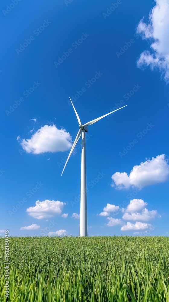 Majestic wind turbine standing tall in a green field representing renewable energy and sustainability with soft focus Majestic wind turbine standing tall in a green field representing renewable energy and sustainability with soft focus