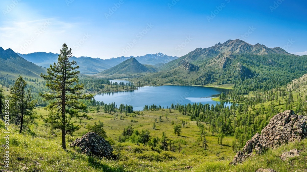Fototapeta premium Scenic alpine lake nestled in a valley surrounded by lush green mountains
