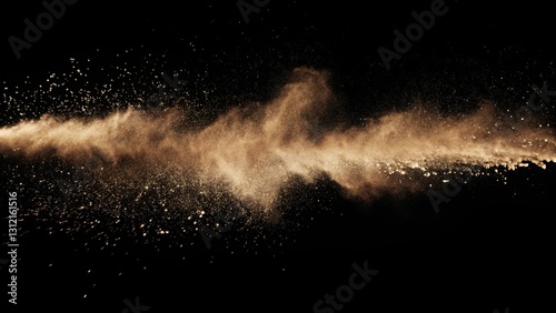 Abstract colored brown powder explosion isolated on black background. Brown color powder explosion on dark background. Colorful dust explodes. Paint Holi. Dry soil explosion isolated