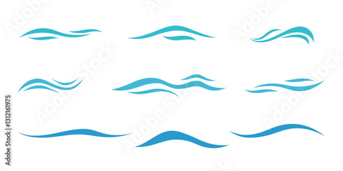 A set of icons of blue sea waves is hand-drawn, isolated on a white background, vector illustration. Decorative wavy element for decoration, design, label. Simple bend, water symbol, flat design