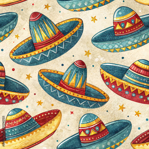 Seamless Sombrero Background with Hand-Painted Vibrant Blues, Reds, and Yellows Against Sandy Texture