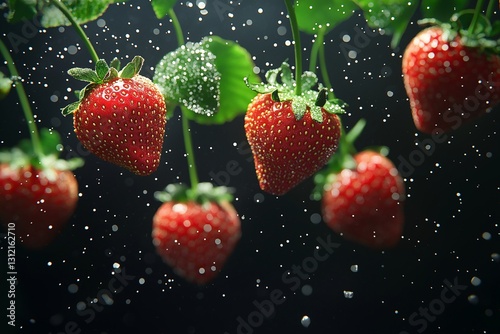 Fresh strawberries under water spray dark background food photography vibrant atmosphere