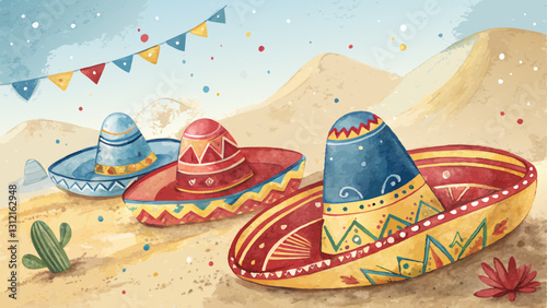 Sombrero Watercolor Background with Hand-Painted Vibrant Blues, Reds, and Yellows Against Sandy Texture with Copy Space  
