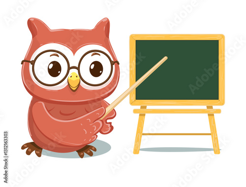 Cartoon owl with glasses, a wooden easel with a blank green chalkboard.