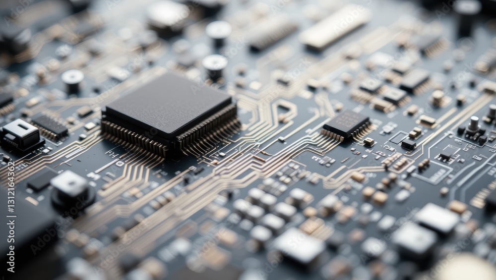 Close-Up View of Intricate Circuit Board with Microchips and Electronic Components Close-Up View of Intricate Circuit Board with Microchips and Electronic Components