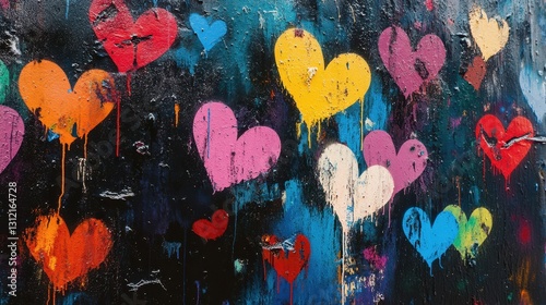 A vibrant street art piece features colorful hearts as a graffiti love symbol on a wall, with melted paint adding a dynamic, fluid texture. photo