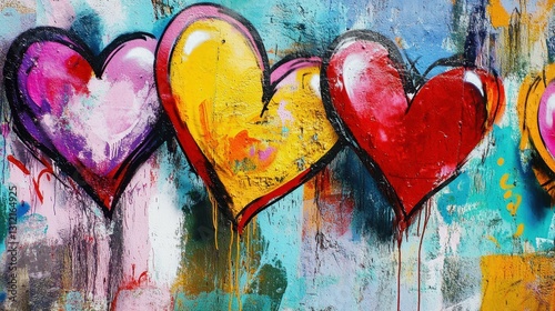 A vibrant street art piece features colorful hearts as a graffiti love symbol on a wall, with melted paint adding a dynamic, fluid texture. photo