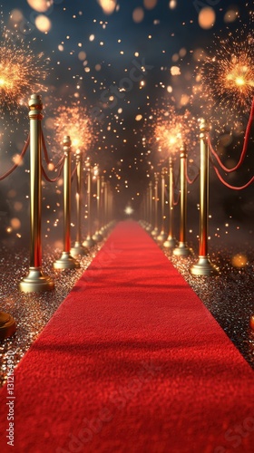 Red carpet pathway illuminated by sparkling lights and fireworks for a glamorous event