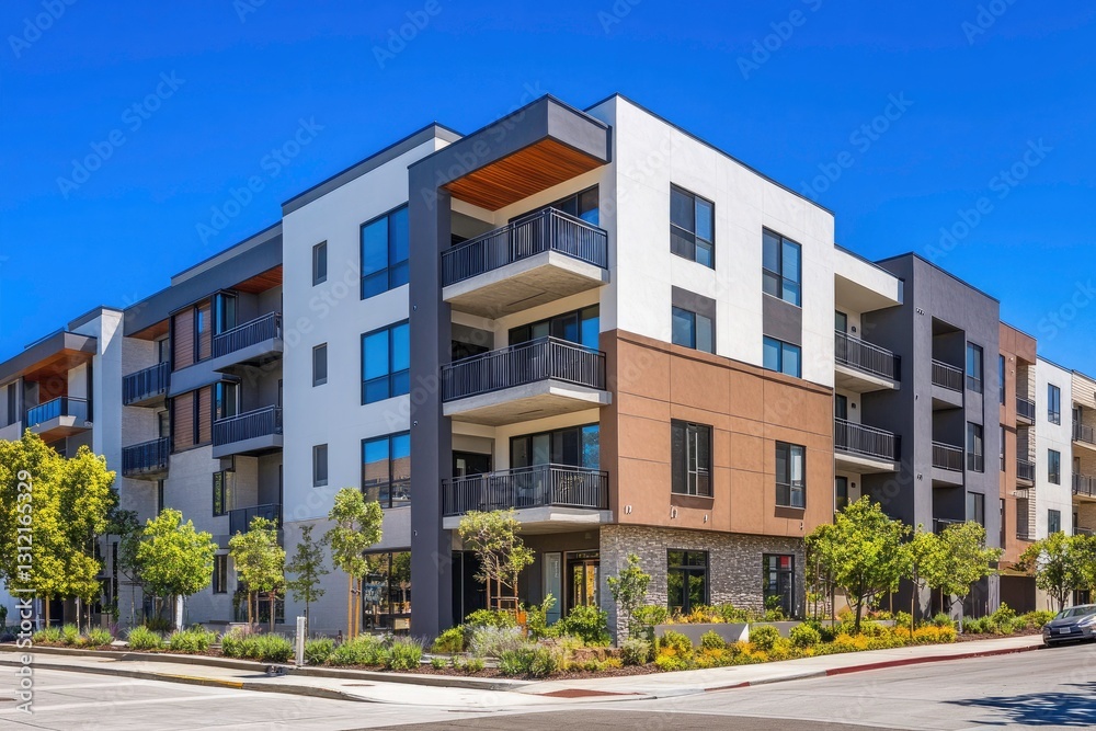 Modern Apartment Building Facade in Urban Setting Modern Apartment Building Facade in Urban Setting
