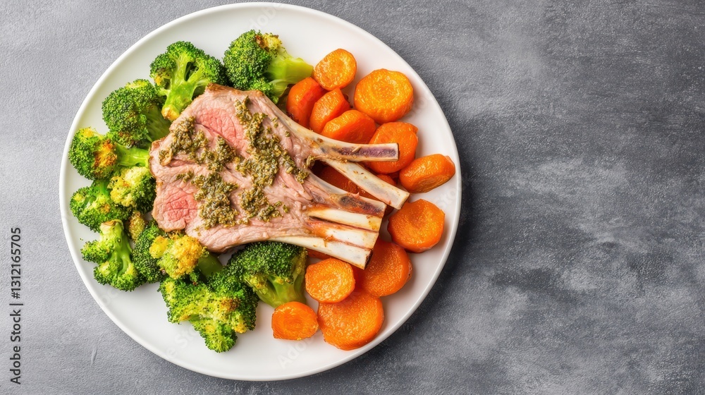 A Culinary Delight: Overhead shot showcasing a gourmet plate featuring succulent lamb chops, tender broccoli florets, and vibrant carrot slices arranged elegantly A Culinary Delight: Overhead shot showcasing a gourmet plate featuring succulent lamb chops, tender broccoli florets, and vibrant carrot slices arranged elegantly