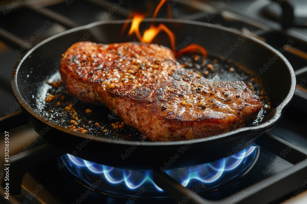 Sizzling steak cooking in cast iron pan on gas stove in kitchen, close up view Sizzling steak cooking in cast iron pan on gas stove in kitchen, close up view