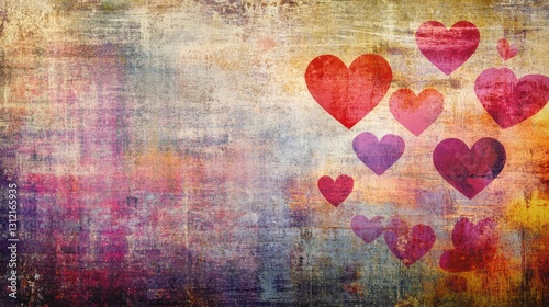 A vibrant vintage grunge collage featuring colorful and pink hearts against a textured background.