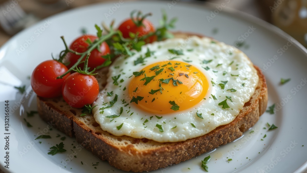 Delicious Fried Egg on Toast with Cherry Tomatoes and Fresh Parsley on a White Plate Delicious Fried Egg on Toast with Cherry Tomatoes and Fresh Parsley on a White Plate