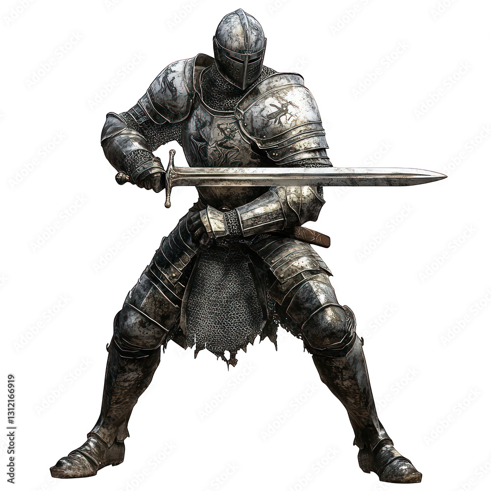 Epic medieval knight in full plate armor, holding a sword with a dramatic pose, highly detailed, isolated on a white or transparent background Epic medieval knight in full plate armor, holding a sword with a dramatic pose, highly detailed, isolated on a white or transparent background