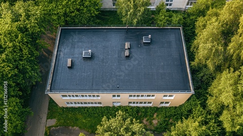 High-angle view of a building's flat roof.  Surrounding greenery and trees photo