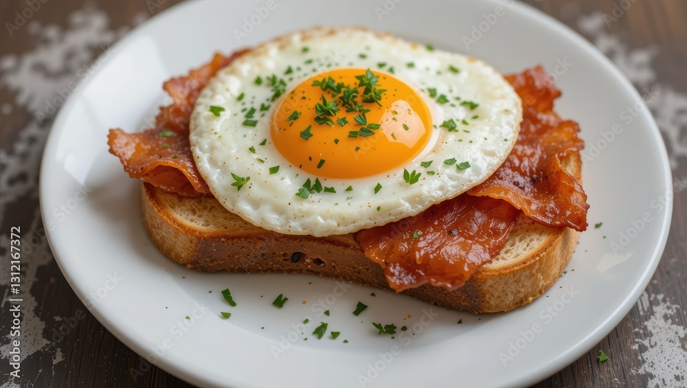 Fried Egg with Crispy Bacon on Toast Garnished with Fresh Herbs on a White Plate Fried Egg with Crispy Bacon on Toast Garnished with Fresh Herbs on a White Plate