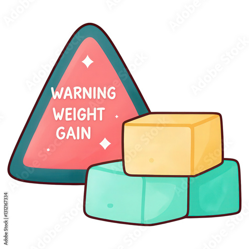 Warning sign with colorful sugar cubes representing weight gain.