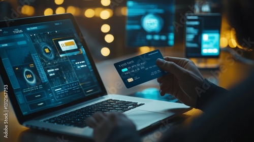 Online payment gateway setup laptop credit card. AI generated