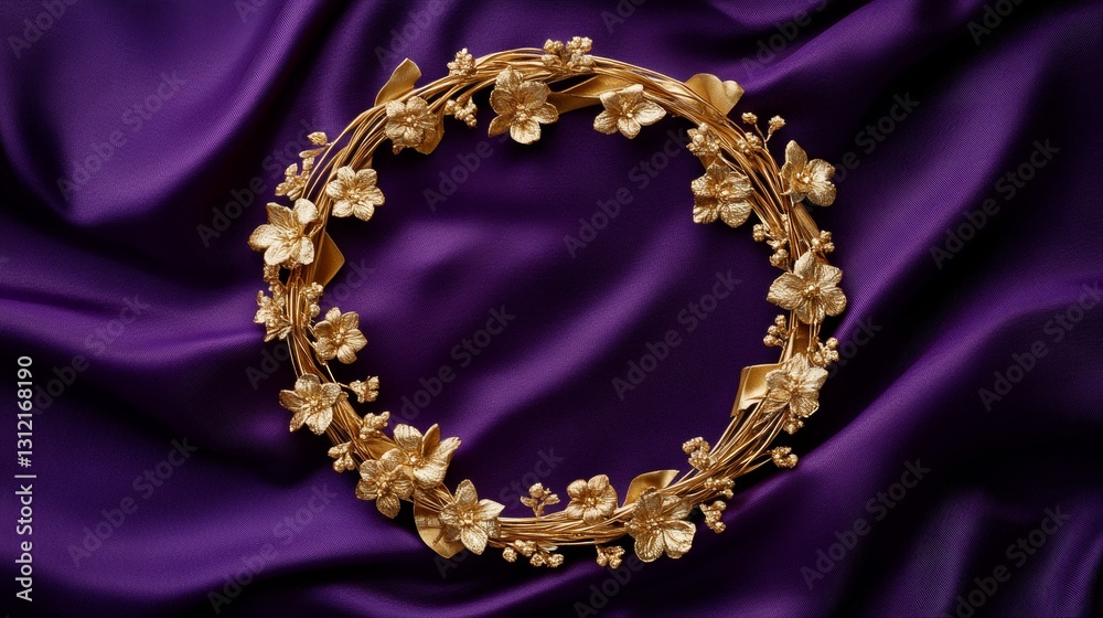 Fototapeta premium Elegant golden floral wreath design luxurious fabric background digital art vibrant colors close-up view nature-inspired aesthetic